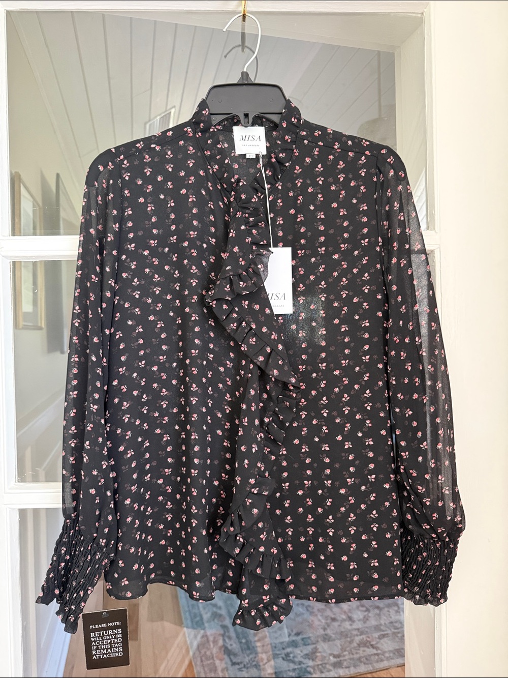 NWT MISA Los Angeles Black Ditsy Floral Ruffle Front Blouse – Size XS